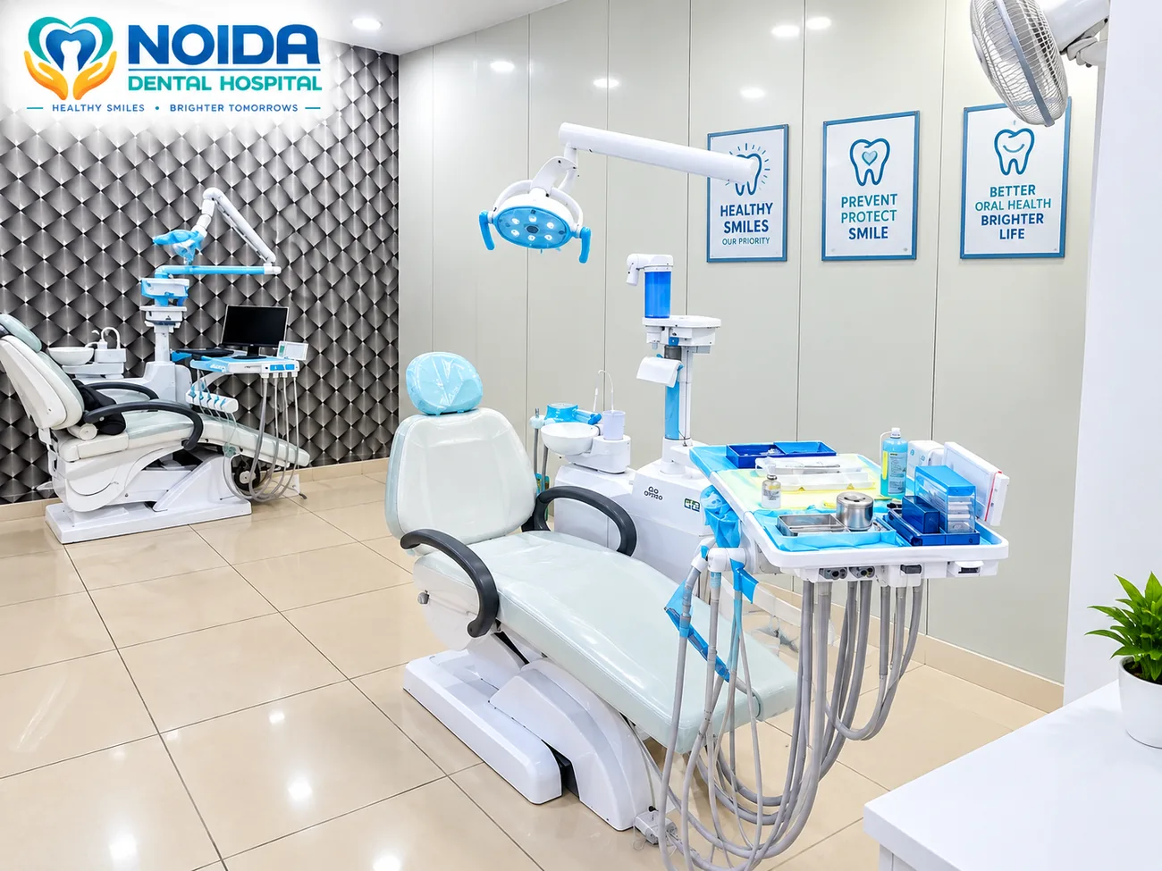 Dental treatment chair with instrument tray, light and suction at Noida Dental Hospital, Greater Noida